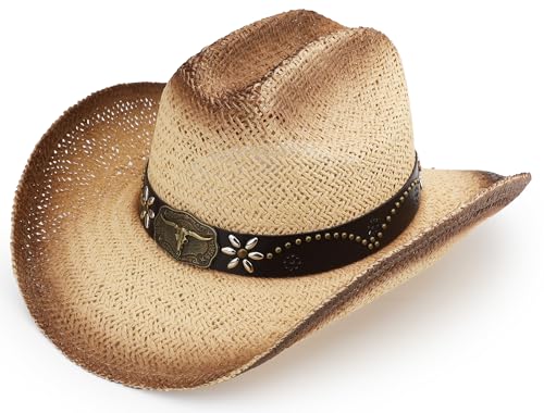 Image of Straw Cowboy Hat, Western Cowgirl Hat, Wide Brim Sun Beach Hat for Men and Women