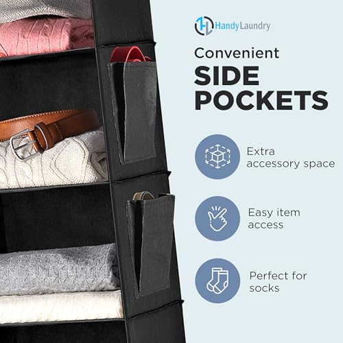 Hanging Closet Organizer - 6 Shelf Storage for Clothes, Sweaters, Shoes & Accessories - Space-Saving Wardrobe Shelves with Hooks for Dorm, RV & Small Closet Organization (Black) - Image 6