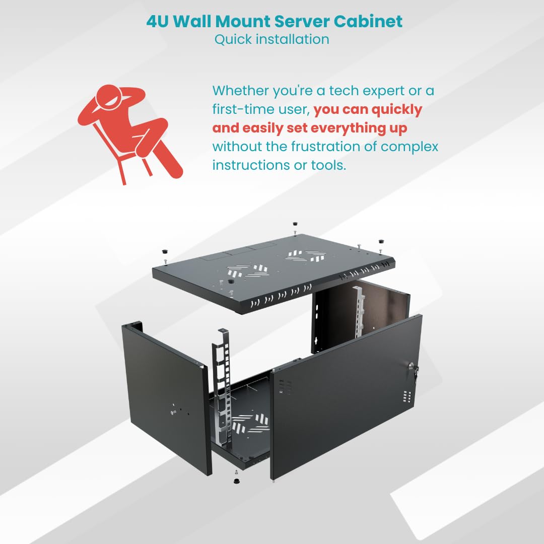 Armadio di Rete 19 Pollici - Armadio Rack 4U - Server Rack per Montaggio a Parete - Capacità di Carico 40 kg - Profondità 350 mm - Rack 19 Pollici - Nero