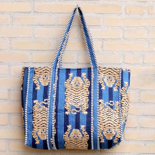 Image of YILLE Cotton Quilted Floral & Tiger Print Tote Bag, 18 x 18 inches For Grocery Shopping, Travel