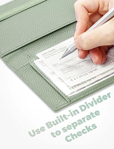Image of Yarnic Checkbook Cover for Personal Checkbook Holder Sage Green | Checkbook Covers with Pen Holder & Built-in Clear Plastic Divider for Duplicate Checks