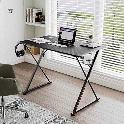 Ee Eureka Ergonomic Gaming Desk 39 Inch, Small Gaming Table For Kids, Gift Idea, Pc Computer Desk,Home Office Desk Workstation With Carbon Fiber Surface,Gamer Desk With Headphone Hook And Cup Holder #TOP2