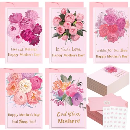 Motiskyy 50 Pcs Religious Mother's Day Cards with Scripture Floral Happy Mother's Day Wishes Greeting Cards Bulk Blank Notecard with Envelope and Sticker for Mom Grandmother Women Birthday Gift Supply
