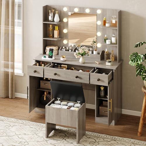 Image of HUANLEGO Vanity Desk with Mirror and Lights,Grey Makeup Vanity with Charging Station & Stool, 3 Drawers and Cabinets, Farmhouse Vanity Mirror with RGB LED Lights Makeup Desk and Chair for Women