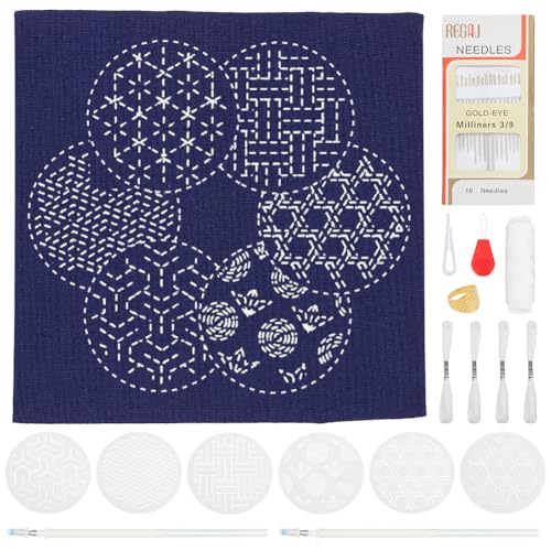 Image of WEBEEDY DIY Sashiko Placemat Kit with Traditional Japanese Sashiko Template Embroidery Fabric Patterns Table Mats Needlework Art Craft Kit with Instructions for Home Kitchen Dining Table Decor