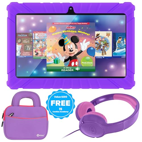 Contixo Paquete de tabletas de aprendizaje para niños de 7 pulgadas, tableta para niños, Bluetooth, Android, cámaras duales, control parental, auriculares Bluetooth y bolsa para tableta, color morado
