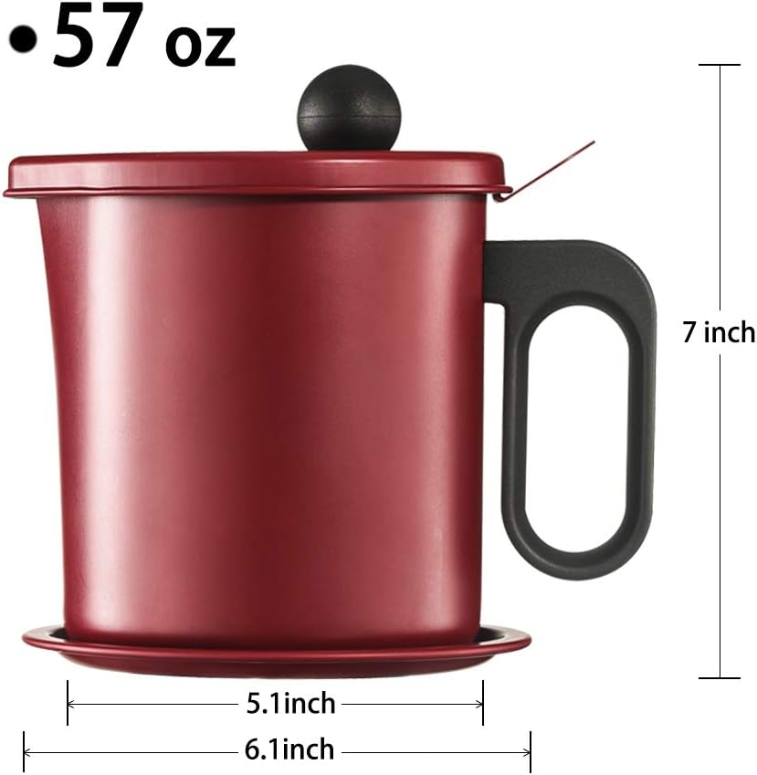 Cooking Oil Container with Strainer,Oil Container Kitchen,Grease Can for Kitchen with Strainer, anti-scald handle and anti-slip coasters,Suitable for Storing Frying Oil(7 Cup Capacity, Red)