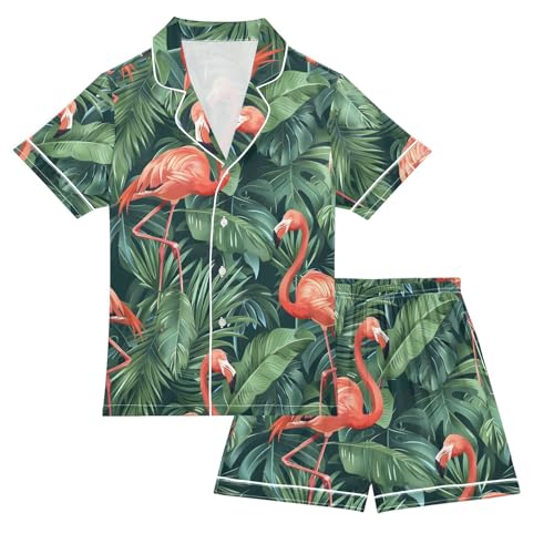 ALAZA Tropical Retro Flamingo Palm Leaves Green Pajamas Satin Pajama Set Short Sleeve Button Down Sleepwear