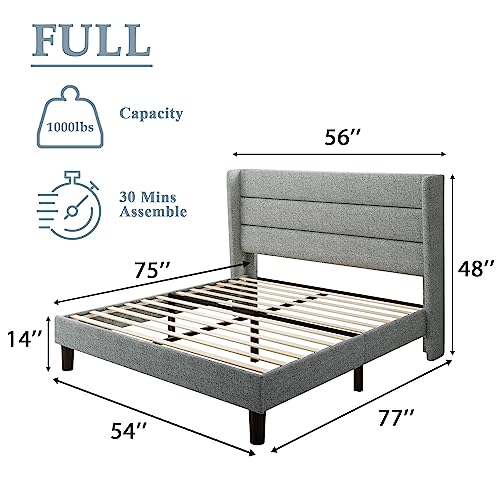 Feonase Full Bed Frame, Upholstered Platform Bed Frame With Modern Wingback, Wood Slats Support, No Box Spring Needed, Easy Assembly, Noise-Free, Light Gray #TOP1