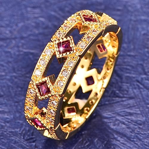 18K Gold Plated Rings for Women, Eternity Engagement Ring, Simulated Ruby Spinel Stacking Wedding Band Promise Ring for Her4