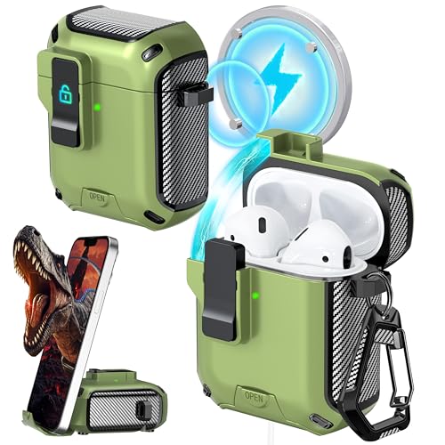 Image of RFUNGUANGO AirPods 2 Case with Lock Magnetic Lid Phone Stand, Olive Green