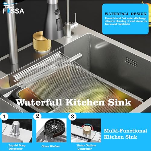 Image of Fossa 37 inchx18 inchx10 inch 5-Year Warranty Single Bowl WaterFall Kitchen Sink with Integrated Waterfall mode and Pull Down Faucet with Steel Tray, Fruit Basket and Complete Accessories Set.