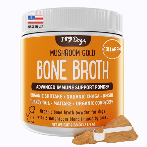 iHeartDogs Bone Broth & Collagen for Dogs - Bone Broth & Mushroom Gold Powder Supplement for Immune System Support, Improved Mobility & Flexibility and Natural Detox - Turkey Tail Mushroom for Dogs
