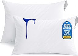 Waterproof Pillow Protectors with Zipper Queen Size 2 Pack Zippered Pillow Covers, Breathble and Noisless Pillow Encasements, Moisture Wicking Pillowcases