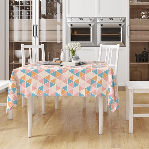 Image of Encasa XO Printed Table Cloth 4.6 ft for 4 Seater Dining Table, 100% Silky Polyester, Machine Wash to Remove Food Stains, Non-Fading, Non-Shrinking, Cheap & Durable - Big Triangles Apricot