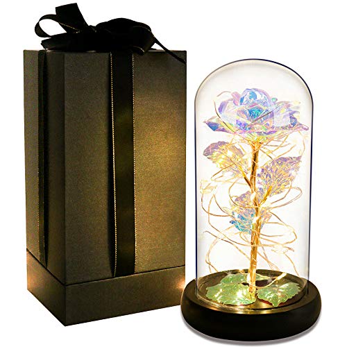 Gift for Mom Galaxy Rose Colorful Rose Flower in Glass Dome Led Light String on 24K Gold Foil Rainbow Rose Gifts for Women Birthday Christmas Motherâ€™s Day Valentine's Day Anniversary