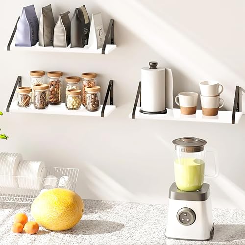 Image of Decazone Floating Shelves for Wall Storage - Set of 3, MDF Board Bookshelves for Living Room, Bedroom, Kitchen & Office - Sturdy Wall-Mounted Display for Bookcase & Decor (White, Wide- 24 inch Inch)