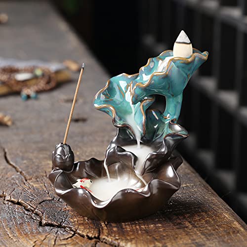 Ceramic Backflow Incense Holder Waterfall Fish Incense Burner, Aromatherapy Ornament Home Decor With 1 Tweezer 1 Mat 30 Backflow Incense Cones + 30 Incense Sticks #TOP5