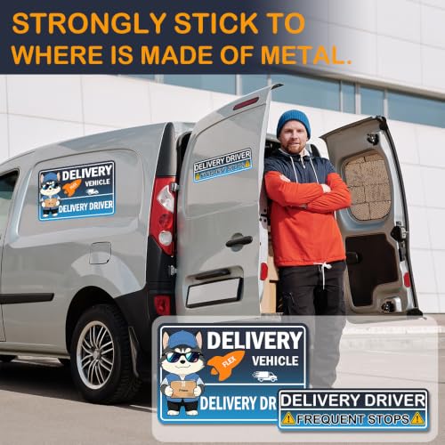 Image of 4 Pack Reflective Flex Delivery Driver Car Magnets,Heavy Duty Magnetic Delivery Signs,Professional Caution Frequent Stops Car Magnet Funny Decal Waterproof Magnetic Bumper Sticker - 30 Mil Thicknesses