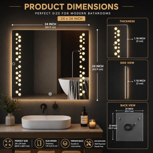 Image of LED Smart Bathroom Mirror with Touch Sensor | 3-in-1 Light Modes - Warm White | Cool White & Natural Light | Office and Home Use (Square, 24x24)