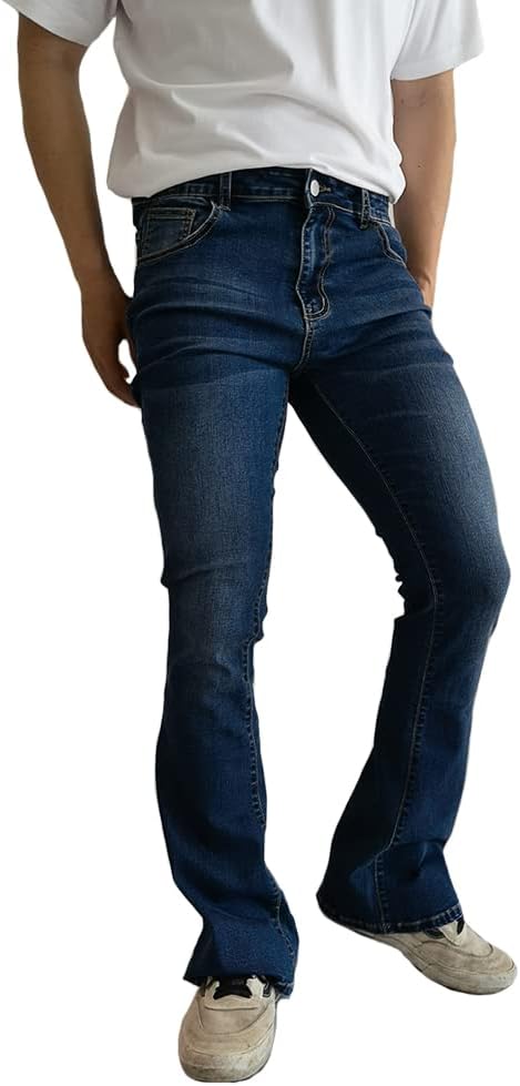 HAORUN Men Corduroy Bell Bottom Flares Pants Slim Fit 60s 70s Vintage Bootcut Trousers (Denim-Dark Blue, 34) - Image 3