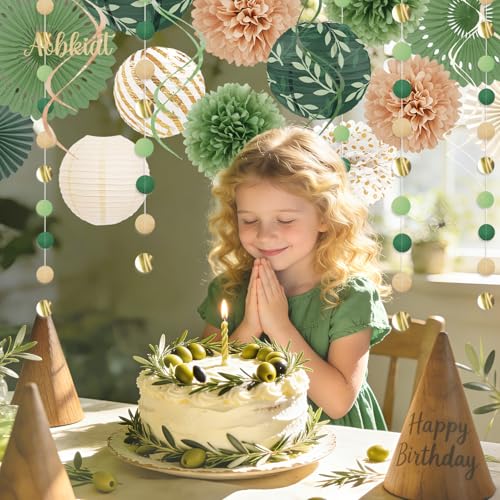 Image of AOBKIAT Sage Green Party Decorations Kit for Birthday,Netural Baby Shower | Paper Decor with Flower,Lantern,Party Garland,Streamers for Bridal Shower,Boho Wedding,Bachelorette,Woodland Theme Parties