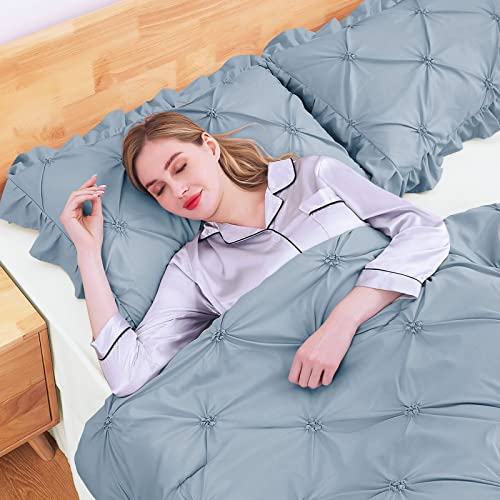 JOLLYVOGUE Light Blue/Ivory Twin Size Comforter Sets 5 Pieces, Pintuck Bed in a Bag Comforter Set for Bedroom, Bedding Comforter Sets with Comforter, Sheets,Ruffled Shams & Pillowcases