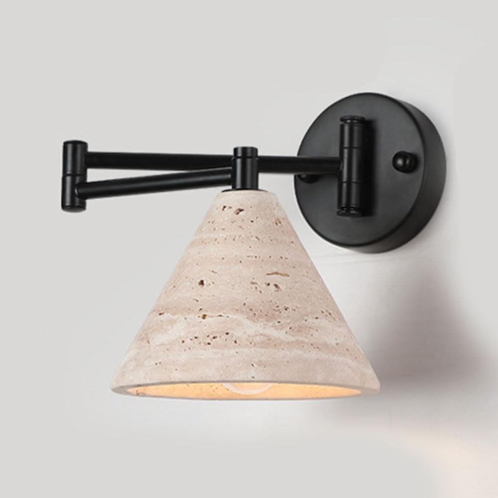 Cosrub Cone Nordic Yellow Travertine Wall Sconce, Swing Arm Wall Mounted Light Modern Farmhouse Adjustable Stone Wall Lamp For Bedside Study Reading Nook Workshop(Cone)