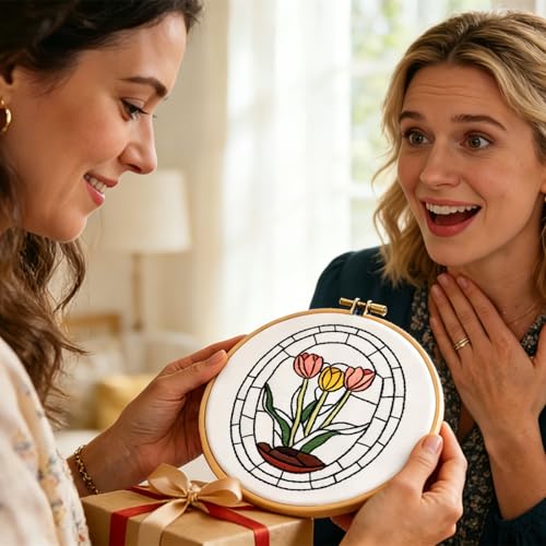 Image of Armindou Flowers Bee Embroidery Kits for Beginners Adults, Floral Hand Embroidery Set Needlepoint DIY Kits, Stamped Cross Stitch Kits for Beginners Adults, 2 Embroidery Hoops (Attached Video Tutorial)