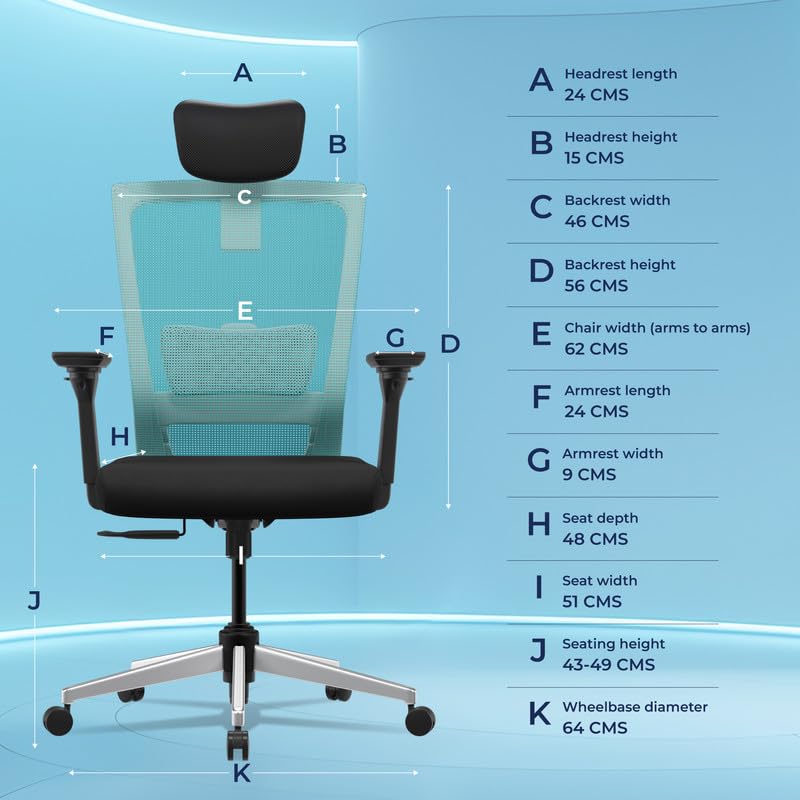 Image of The Sleep Company Stylux Premium Ergonomic Office Chair | Patented SmartGRID seat | SpinePro Lumbar Support | Work, Home, Study | Adjustable Headrest & 4D Armrests | Free Installation| Blue