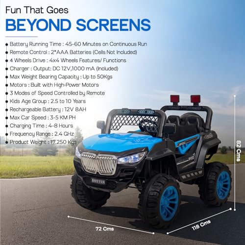 Image of Toyzone Buster Electric Jeep (Blue) | 12V Rechargeable Ride on with 8Ah Battery | Music Player with BT, USB & AUX | Smooth Acceleration | 6M Battery Warranty | Age 3-12 Years, Upto 50 kg