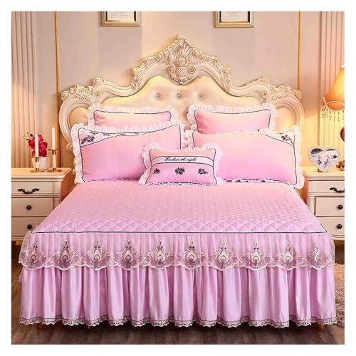 TGDGFKIAS Falda Cama Volantes Falda Cama, Falda de Cama Bordada con Encaje, cubrecama Acolchado de algodón y Funda de Almohada, Multicolor, Varios tamaños(Pink B,3pcs Design 150x200)