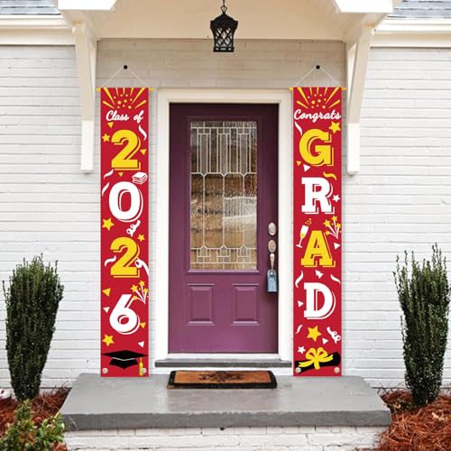 Image of Graduation Porch Banner Class Sign Congrats Grad Hanging Flags High School College University Party Decoration For Front Door Outdoor Red Gold