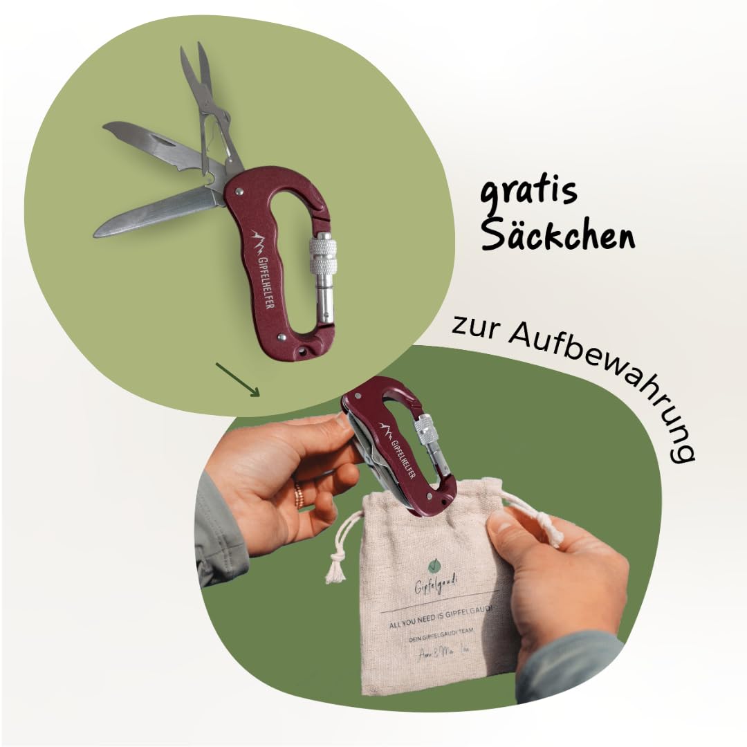 Gipfelgaudi Multitool Karabiner - ideal zum Wandern, Picknick & mehr I Plastikfreier Karabiner to Go aus rostfreiem Edelstahl