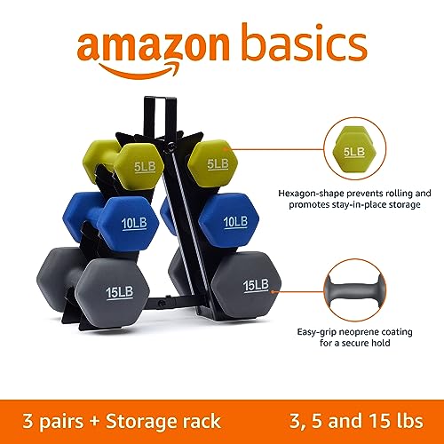 Amazon Basics Neoprene Coated Hexagon Workout Dumbbell Color Coded Hand Weight With Storage Rack, 60 Pounds (3 Pairs Of 5, 10, And 15 Pounds), Green/Blue/Grey #TOP1