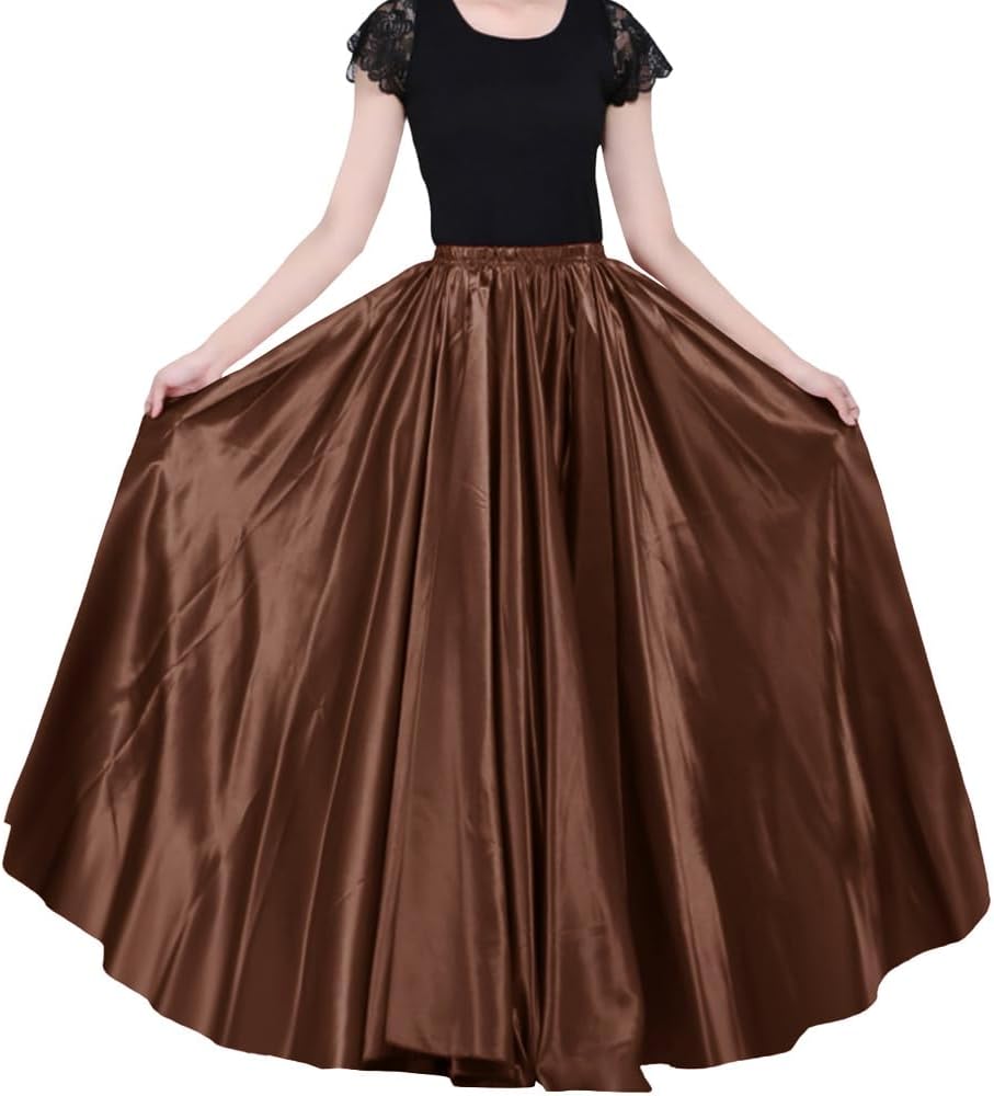 Ladies 90cm Satin Maxi Midi Skirt Long Dress Elastic Waist for Belly Dance Princess Party Cosplay Costume
