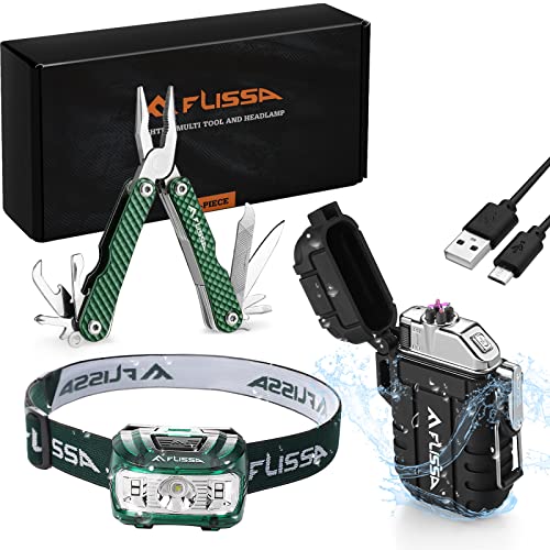 FLISSA 3Pcs Lighters Tool Set, Windproof Flameless USB Rechargeable Lighters, Waterproof LED Headlamp with 5 Light Modes, 12 in 1 Multitool Plier, Outdoors Survival Gears for Camping, Hiking, Hunting