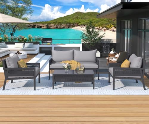 Image of 4 Seater Indoor /Outdoor Rope Woven Patio Conversation Set Powder-Coated Iron Frame Handwoven Weaving Rope Modern Sofa for Balcony,Backyard,Living Room,Waterproof Furniture(Grey)