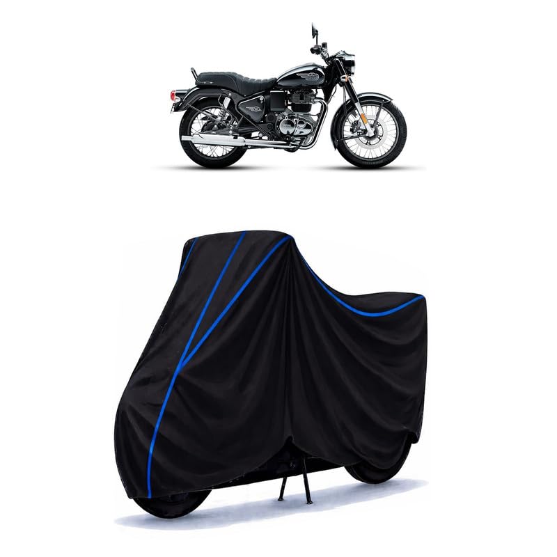 Image of Bullet 350 Bike Cover Water Resistant Universal Motorcycle Rain | Heavy Duty UV Protection, Dust, Scratch Indoor Outdoor All Weather with Black Blue Piping Elastic