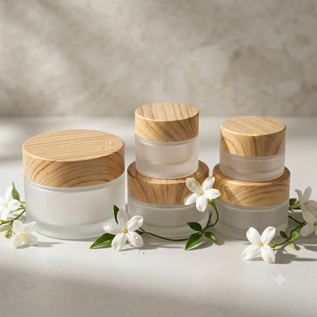 5 Packs Frosted Glass Jars with Airtight Wood Grain Lids, Empty Cosmetic Containers with Inner Liners, Round Glass Cream Jars for Lotions, Face Cream, Powders, Ointments, Salves and DIY Skincare
