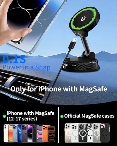 MagSafe Autohalterung 15W Handyhalterung Auto mit Ladefunktion, Magsafe Ladegerät Kfz Magnet Wireless Car Charger mit Vakuum Saugnapf für iPhone 17 16 15 14 13 12 Serie