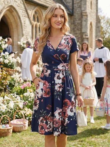 Image of OUGES Casual Summer Dress for Women Wrap V Neck A Line Midi Dresses with Pockets