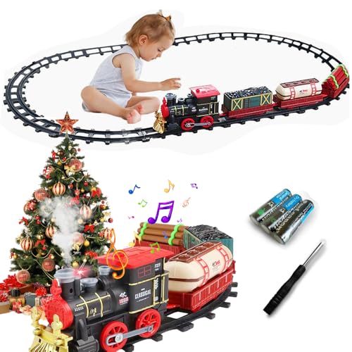 LAPPAZO Comboio árvore de Natal para crianças 3 vagões 24 faixas clássico comboio elétrico locomotiva a vapor, vagão de carga fumo, luzes e som, ferroviário kit brinquedos presente para crianças