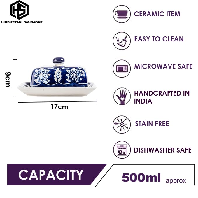 HS HINDUSTANI SAUDAGAR Pushp Vatika Ceramic butterdish Handmade Container with Tray & lid Microwave & Dishwasher Safe Serve Ware for Hotel Cafe Restaurant Home Festival Ideal for Daily use & Gifting. - Image 4 thumbnail