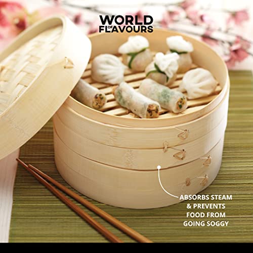 KitchenCraft World of Flavours 2cm Bamboo Steamer Basket, 2 Tier, Ideal for Best for Dim Sum, Vegetables, Bao Buns, Meat and Fish, Beige - Image 4