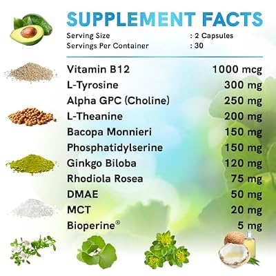 12-in-1 Nootropic Brain Supplement Anhydrous: Ginkgo Biloba for Brain Support, Memory and Focus - B12, Alpha GPC, L Theanine and Choline Supplements with Bioperine non Caffeinated 1321mg (120ct)