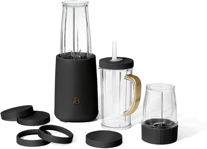 Beautiful 12‑Piece Personal Blender Set by Drew Barrymore – 240 W Motor, Stainless Steel Blending & Grinding Blades, 16 oz Travel Cup, Soft‑Matte Finish (Black Sesame)