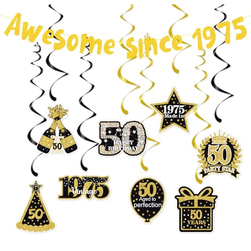 Image of 50th Birthday Decorations for Men Women,Pre-Strung Glitter Gold Vintage Happy 50th Birthday Party Banner,Awesome Since 1975 Hanging Swirls,for 50 Years Old,Anniversary Supplies Ideas