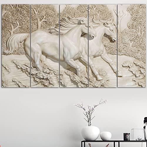 Image of Spacter art Vastu Runing Seven Horses Painting With Frame Wall art for living room wall decoration for wall Bedroom,room,Hotels-Wooden Framed- Animal Digital Painting (30x60 Inch) SP334