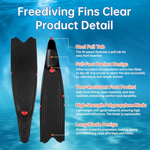 Freediving Fins, Full Foot Pocket Long Blade Diving Fins, Adult Snorkeling Fins for Scuba Diving, Spearfishing and Freediving